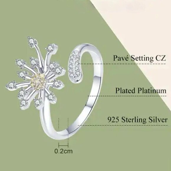 NWT Dainty Flower Ring CZ Platinum Over S925 Silver Dandelion Adjustable Open - Picture 7 of 9